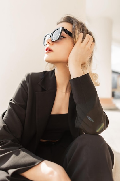 Moda glamour ładna dama z nowoczesnymi okularami przeciwsłonecznymi w czarnych eleganckich ubraniach biznesowych siedzi i odpoczywa na ulicy