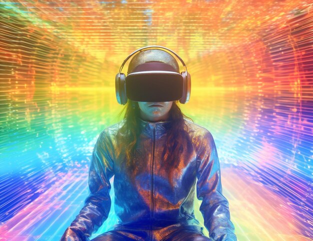 Zdjęcie moda kobieta cyfrowe okulary twarz futurystyczny model portret neon wirtualny cyber