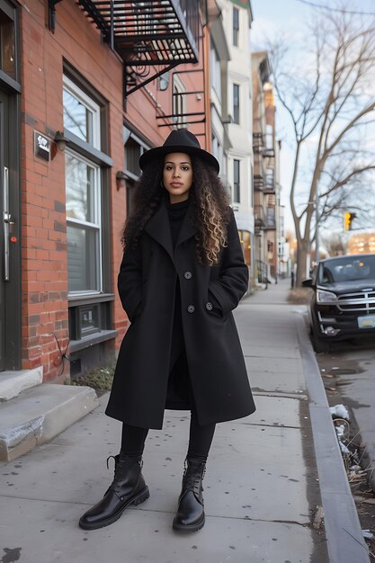 Zdjęcie moda kobieta w czarnej modzie płaszcz kapelusz i czarne buty buty mody