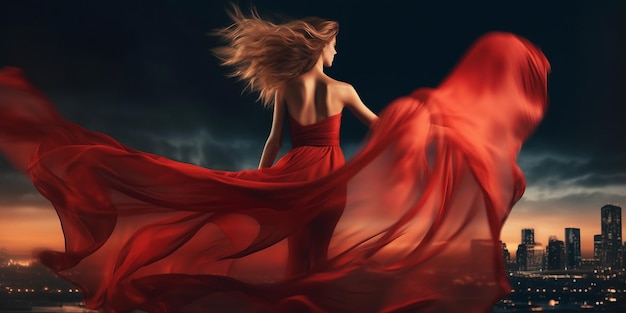 Moda kobieta w czerwonej fruwającej sukience z tyłu, widok z tyłu