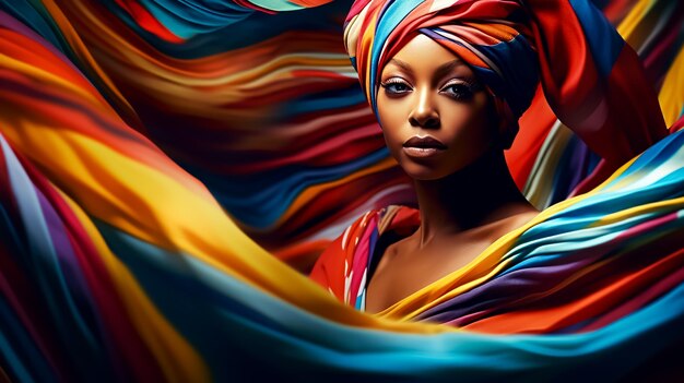 Moda kobieta w kolorowe tkaniny wzór jak kolory karnawał niesamowity wygląd atrakcyjny makijaż twarzy
