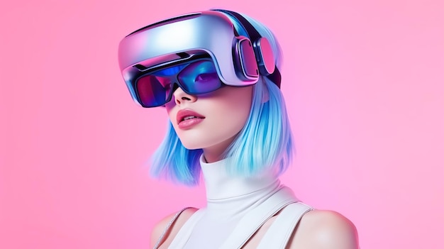 Moda kobieta w okularach VR z niebieskimi włosami Generative ai