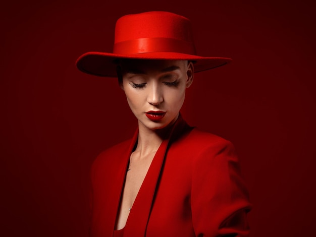 Moda piękna i modelka na czerwonym tle w studio dla eleganckiego lub modnego stylu Sztuka estetyczna i pewność siebie z ostrą lub elegancką młodą kobietą oczy zamknięte w wyjątkowym garniturze