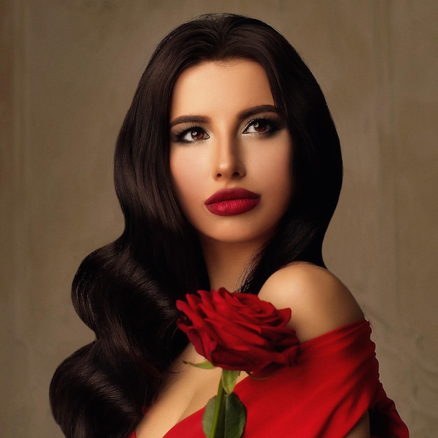 Moda piękny portret pięknej modelki. Długie ciemne błyszczące włosy z fryzurą Hollywood Wave. Seksowna kobieta z makijażem i kwiatem róży