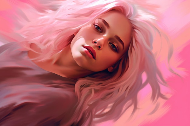 Moda sztuka portret pięknej młodej kobiety z różowymi włosami