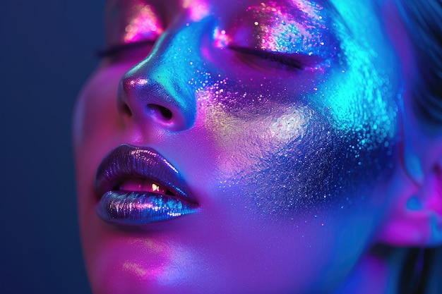 Moda twarz kobieta w kolorowych jasnych neonowych niebieskich i fioletowych światłach świecący neon makijaż