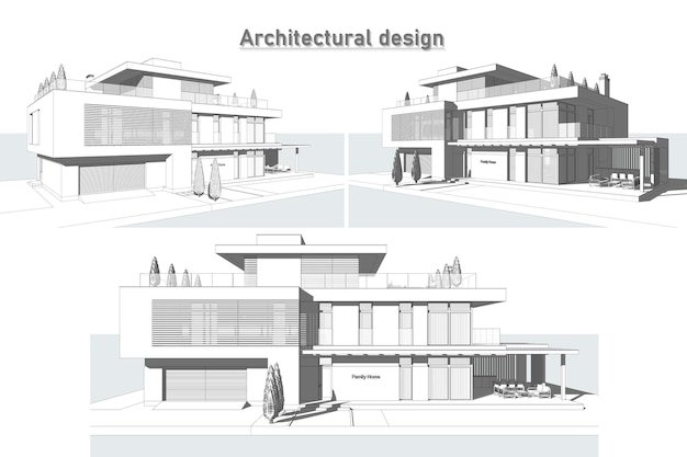 Model 3D domu. Szablon architektoniczny, tło. Model architektoniczny domu
