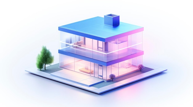 Model 3D domu z niebieskim dachem.