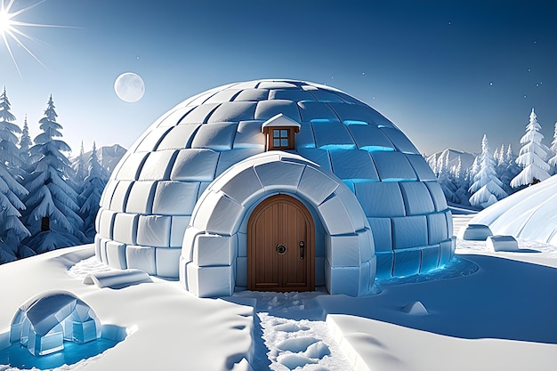 Zdjęcie model 3d igloo w zimowym lesie nocą