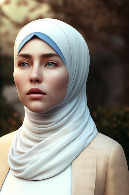 Model 3D kobiety w hidżabie i niebieskim szaliku.