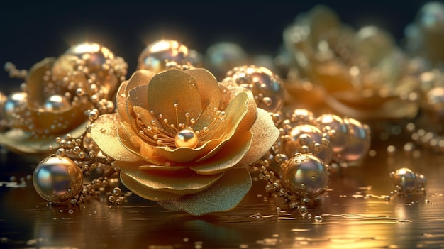 Model 3D kwiatu ze złotymi koralikami na dole.