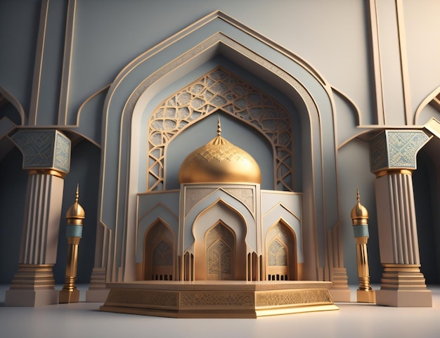 Model 3D meczetu ze złotymi ozdobami.
