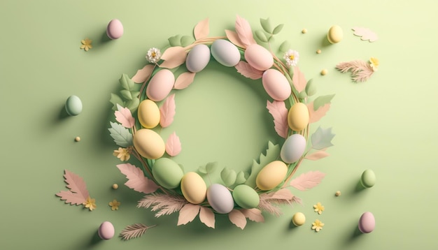 Model 3D minimalistycznego wieńca wielkanocnego z kilkoma zdobionymi jajkami i pastelowym kolorem tła