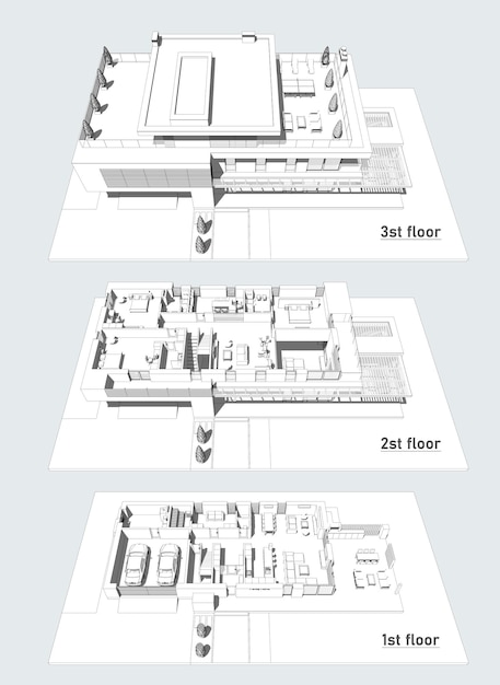 Model 3D nowoczesnego domu. Model architektury, rysunek. plan domu