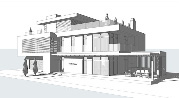 Model 3D nowoczesnego domu. Model architektury, rysunek. plan domu