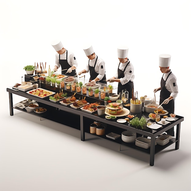 Model 3D personelu gastronomicznego noszącego mundury z logo firmy Zmiana postaci Wo na białym BG