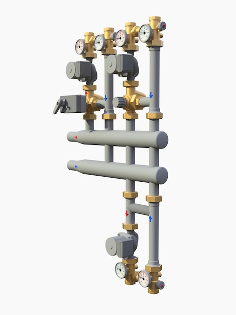 Zdjęcie model 3d przemysłowej pompy i sekcji rur z zaworami odcinającymi na białym tle odizolowane. ilustracja 3d.
