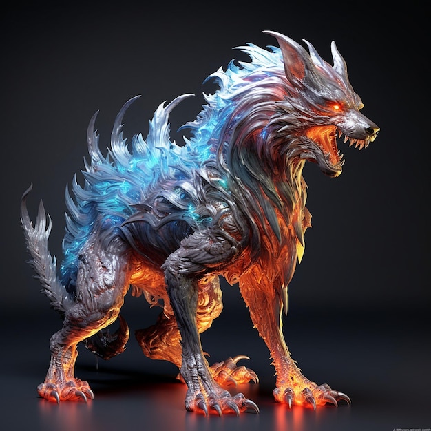 Model 3D wilka z niebieskimi i pomarańczowymi płomieniami na twarzy.
