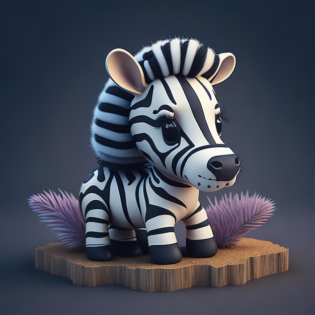 Model 3D zebry z fioletowym pierzastym ogonem.