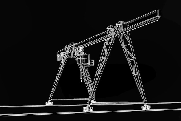 Model 3D Żuraw budowlany przemysłowy na białym tle na czarnym tle