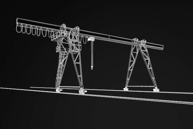 Model 3D Żuraw budowlany przemysłowy na białym tle na czarnym tle