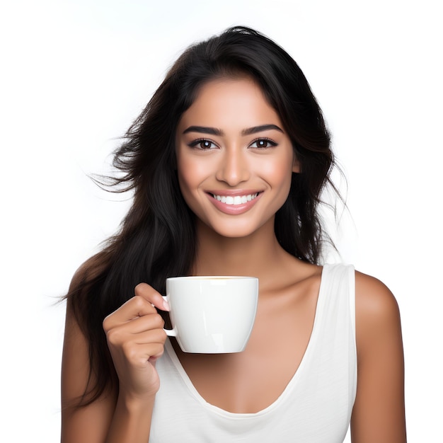 Model azjatycki w szczęśliwym nastroju przy filiżance kawy i herbaty