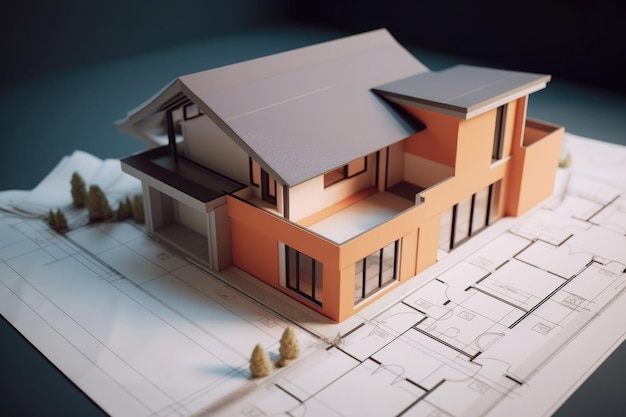 Model budynku domu stojącego na projekcie architektonicznym Generative AI