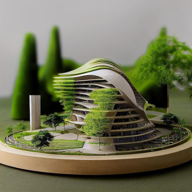 Model budynku z drzewem na szczycie.