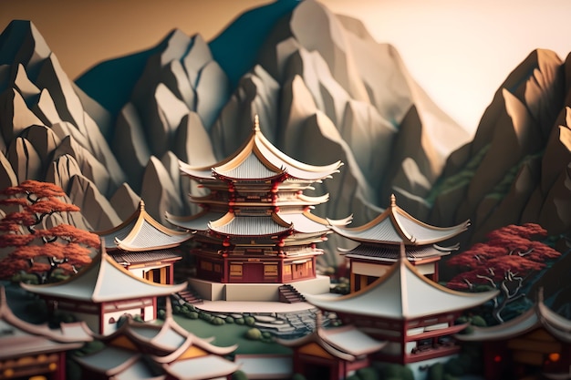 Zdjęcie model chińskiej świątyni z górami w tle