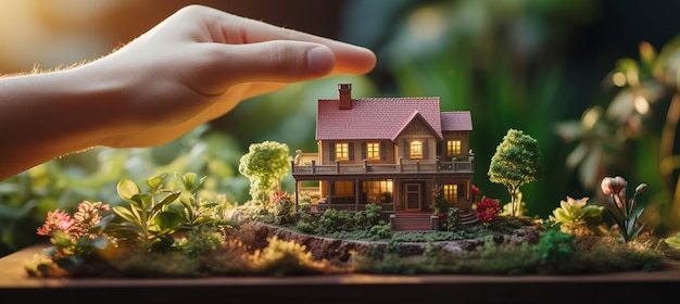 Model domu 3D na ludzkich rękach z niewyraźnym, rozproszonym tłem, koncepcja ubezpieczenia i kredytu bankowego