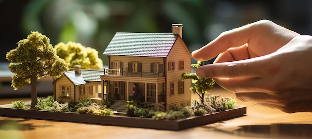 Model domu 3D na rękach ilustrujący koncepcję ubezpieczenia lub kredytu bankowego z dużą ilością miejsca do kopiowania