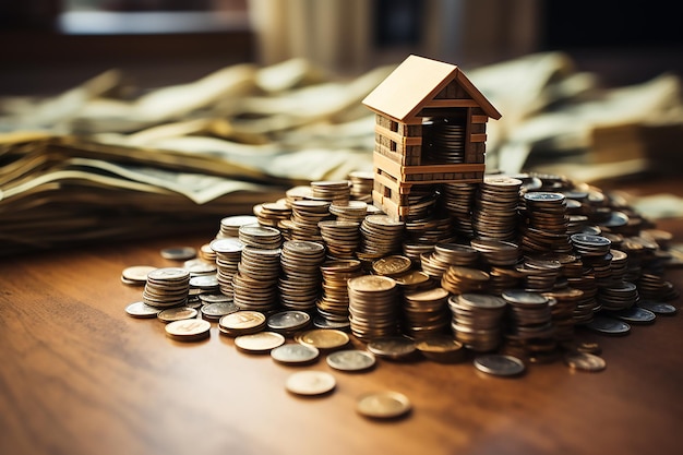 Zdjęcie model domu i monety na drewnianym stole inwestycje w nieruchomości i oszczędzanie pieniędzy na przyszłość