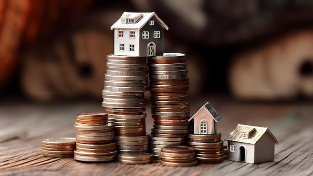 Model domu i monety na drewnianym tle Koncepcja inwestycji nieruchomości