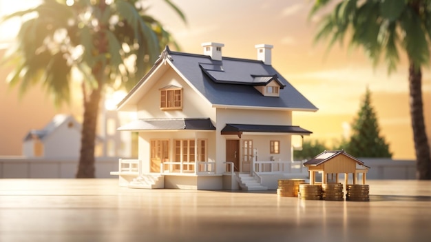 model domu z domem na dachu i drzewem palmowym na tle