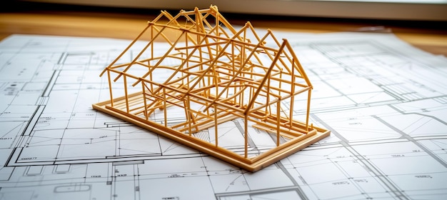 Zdjęcie model drewnianego domu w budowie na podstawie planów z miejscem do umieszczania tekstu