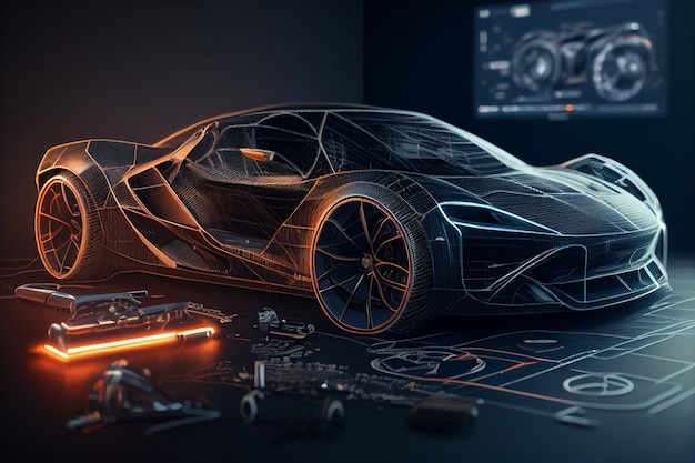 model drutowy samochodu sportowego na czarnym tle generatywne ai renderowania 3D