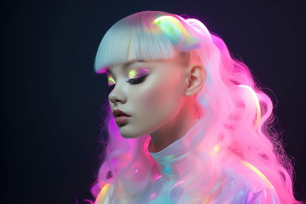 Model High Fashion z błyszczącymi włosami pod migoczącymi neonowymi światłami