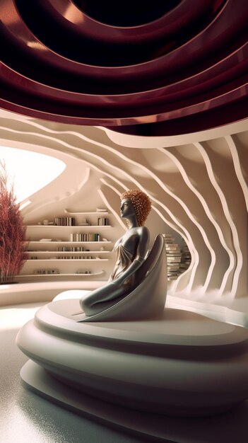 Model kobiety siedzącej na okrągłym stole w futurystycznej przestrzeni.