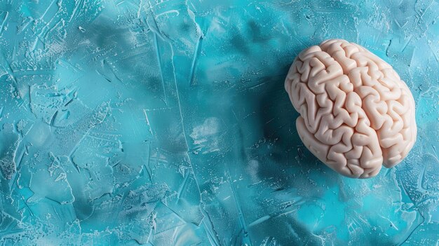 Zdjęcie model ludzkiego mózgu na niebieskiej powierzchni symulującej lód
