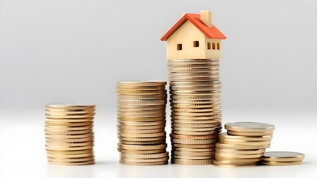 model małego domu na szczycie stosu monet