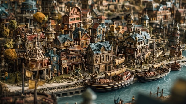 Model miasta z łodzią na wodzie