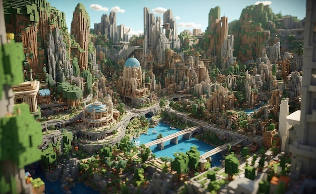 model miasta z niebieską kopułą na górze Voxel styl kostki 3d Minecraft lego