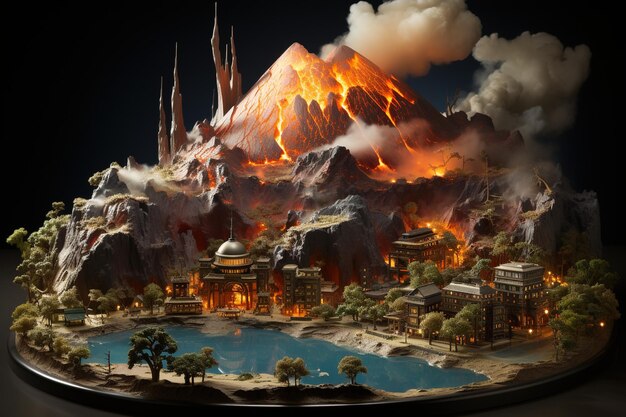 Zdjęcie model miasta z wulkanem na tle