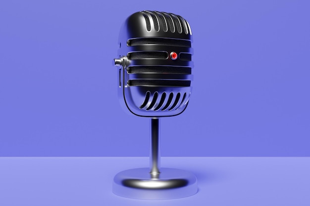 Model mikrofonu na fioletowym tle realistyczna ilustracja 3d muzyka nagroda karaoke radio i sprzęt dźwiękowy studia nagrań