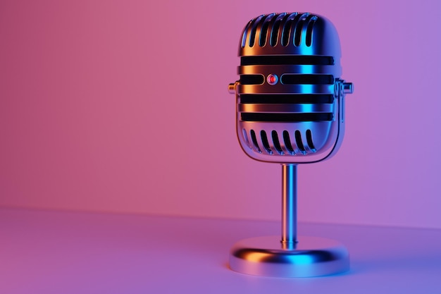 Model mikrofonu na fioletowym tle realistyczna ilustracja 3d muzyka nagroda karaoke radio i sprzęt dźwiękowy studia nagrań