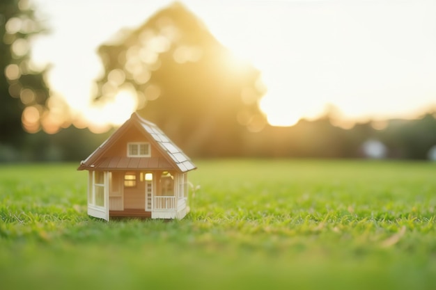 Model miniaturowych drewnianych domów na trawniku w świetle zachodzącego słońca Generative AI