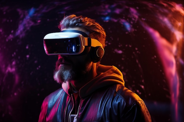 Model młody człowiek z brodą w okularach rzeczywistości wirtualnej na ciemnym tle Rzeczywistość rozszerzona koncepcja technologii przyszłości nauki VR Futurystyczne okulary 3d z wirtualną projekcją Światło neonowe