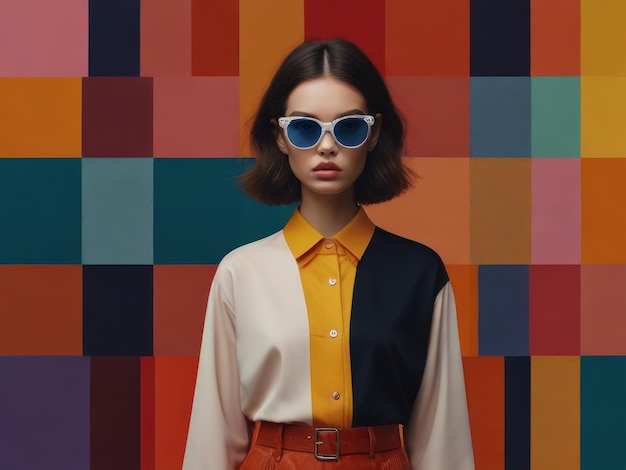Zdjęcie model mody nosi parę okularów przeciwsłonecznych na kolorowym tle patchwork