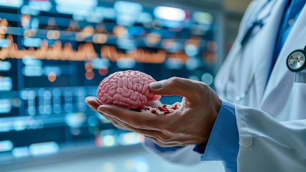 Zdjęcie model mózgu w ręku lekarza