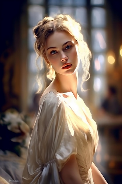 Model nosi białą sukienkę z niebieskim cieniem na oczy.